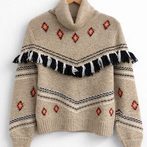 Lou & Grey Tan Turtleneck Sweater with Black and Red Accents‎